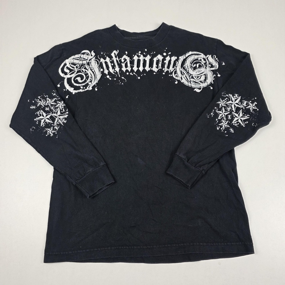 VTG Y2K Infamous Grunge Shirt Mens Medium Black Script Logo Graphic Tee Made USA